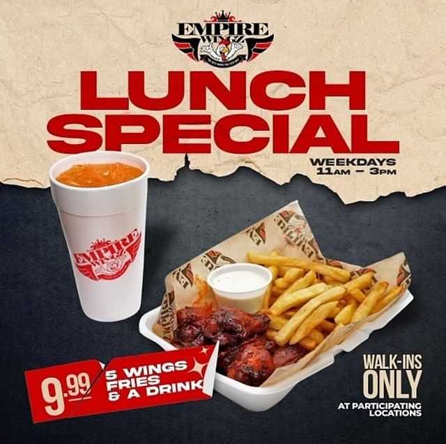Promotion of a $9.99 lunch special with wings, fries, and a drink.